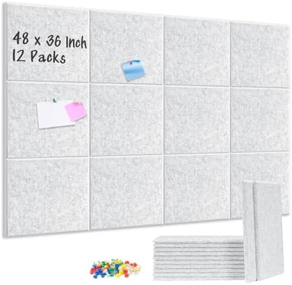 DOLLAR BOSS Felt Cork Board Tiles 48"x36" Bulletin Board, 12 Pcs Light Grey