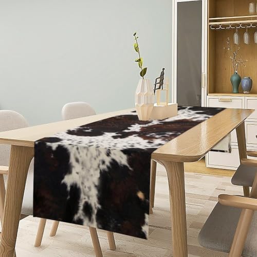 Cow Print Table Runner, Brown Cowhide Print Western Style Table Runner Country Farmhouse Cottage Cow Patten Table Decoration for Home Kitchen Dining, 13x70 in