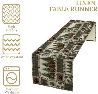 Vintage Rustic Cabin Moose Deer Bear Table Runner, Retro Bear Cottage Country Style Cabin Farmhouse Dinner Runner for Home Kitchen Dining Table Decoration 13"x120"