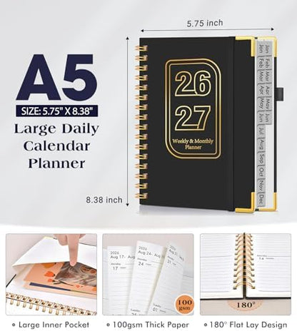 Academic Planner 2026-2027, Weekly and Monthly Hardcover Planner, July 2026 - June 2027, 5.75" x 8.38" A5 Large Daily Calendar Planner Book with Tabs, Spiral Yearly Agenda Organizer Notebook for School Work Home, Black