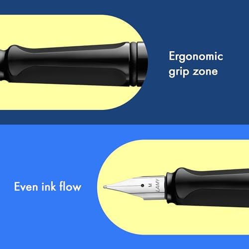 LAMY safari black - Fountain Pen with ergonomic grip & polished steel nib in size M - ideal for any Writing & Calligraphy - including LAMY T 10 blue cartridge - Right-Handed