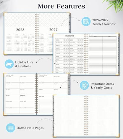 Academic Planner 2026-2027, Weekly and Monthly Hardcover Planner, July 2026 - June 2027, 5.75" x 8.38" A5 Large Daily Calendar Planner Book with Tabs, Spiral Yearly Agenda Organizer Notebook for School Work Home, Sky Blue