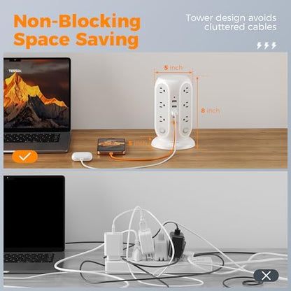 TESSAN Tower Power Strip Surge Protector, Flat Extension Cord 6 Ft, Grey