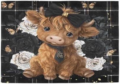 ALAZA Highland Cow Rose Butterfly Set of 4 Placemats Rectangle Table Mat for Dining Table Restaurant Kitchen Home Decor, 12" x 18"
