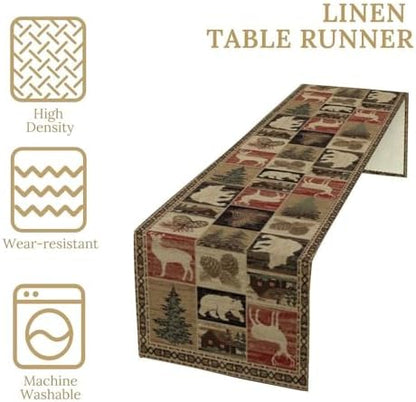 Retro Rustic Table Runner, Vintage Moose Deer Bear Leaf Tree Country Style Farmhouse Cottage Cabin Dinner Table Decoration for Home Kitchen Dining 13"x60"