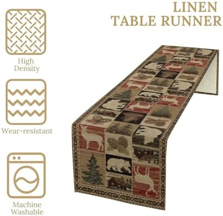 Retro Rustic Table Runner, Vintage Moose Deer Bear Leaf Tree Country Style Farmhouse Cottage Cabin Dinner Table Decoration for Home Kitchen Dining 13"x70"