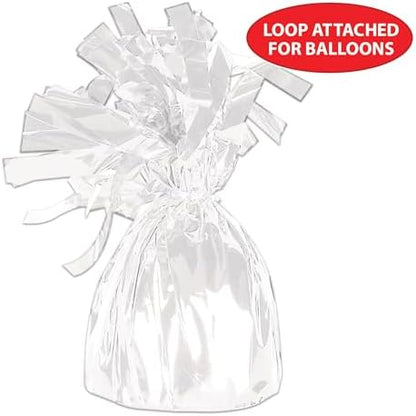Beistle White Metallic Plastic Wrapped Balloon Weights For Birthday Parties, Weddings, Anniversaries, Table Decor, Celebrating With You Since 1900, 5.5" x 2.5", (Pack of 72)
