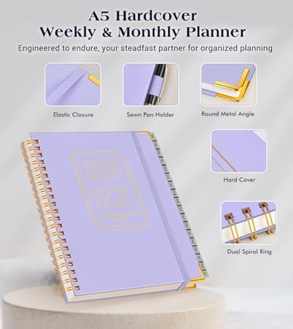 Academic Planner 2026-2027, Weekly and Monthly Hardcover Planner, July 2026 - June 2027, 5.75" x 8.38" A5 Large Daily Calendar Planner Book with Tabs, Spiral Yearly Agenda Organizer Notebook for School Work Home, Purple