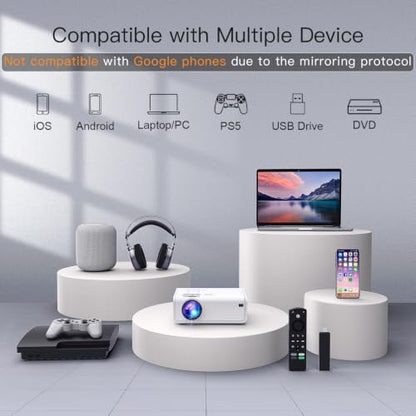 AuKing 2500ANSI 4K Outdoor Projector with WiFi and Bluetooth, 6D/4P Keystone, 50% Zoom, 300" Movie Projector for Laptop/HDMI/USB/TV Box/Android/iOS