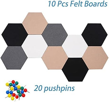 10Pcs Self Adhesive Felt Board Tiles Hexagon Bulletin Board for Walls, Felt Cork Pin Board for Pictures Photos Memos with Push Pins (Color A)
