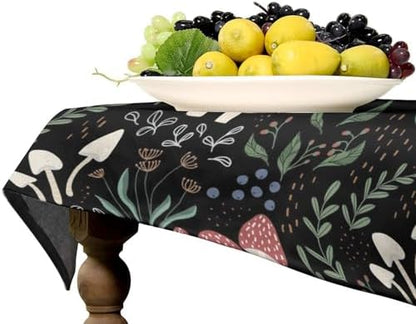 Mushroom Tablecloth, Cartoon Green Leaves Mushroom Wildflower Plant Botanical Herb Nature Garden Print Table Cloth for Home Kitchen Outdoor Party Picnic Wedding Decor 60x110in