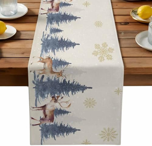 Christmas Table Runner Dresser Scarf 13 x 36 Inch Vintage PineTree Forest Elk Glod Snowflakes Linen Table Runners Non-Slip Heat Resistant Kitchen Dining Table Decor for Home Holidays Indoor Outdoor