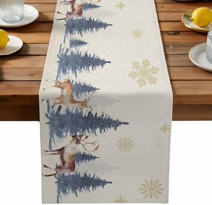 Christmas Table Runner Dresser Scarf 13 x 36 Inch Vintage PineTree Forest Elk Glod Snowflakes Linen Table Runners Non-Slip Heat Resistant Kitchen Dining Table Decor for Home Holidays Indoor Outdoor