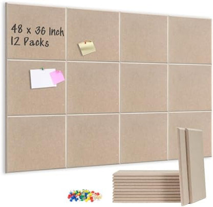 DOLLAR BOSS Felt Cork Board Tiles 48" x 36" Bulletin Board, 12 Pcs Latte