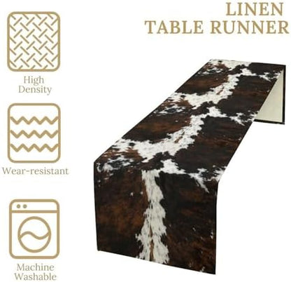 Vintage Cow Print Table Runner, Rustic Cottage Country Farm Animal Fur Skin Pattern Western Style Black Brown Cowhide Print Dinner Runner for Home Kitchen Dining Table Decoration 13x120 Inch