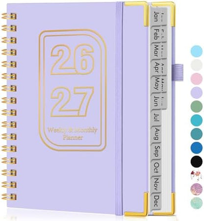 Academic Planner 2026-2027, Weekly and Monthly Hardcover Planner, July 2026 - June 2027, 5.75" x 8.38" A5 Large Daily Calendar Planner Book with Tabs, Spiral Yearly Agenda Organizer Notebook for School Work Home, Purple