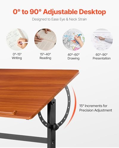 VEVOR Drafting Table, Adjustable 0°–90° Tilt Drawing Desk, Portable Artist Table with Black H-Frame and Brown Desktop, Wooden Painting Desk Craft Workstation for Reading, Writing, Crafting, Meeting