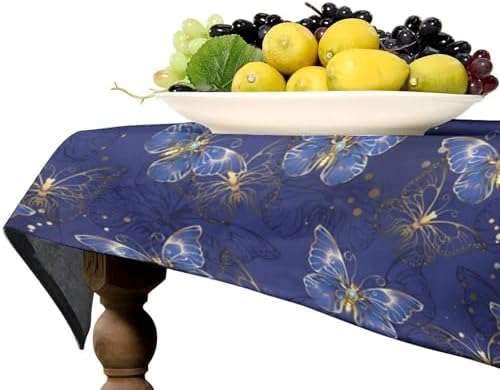 Retro Blue Butterfly Tablecloth, Luxury Golden Blue Butterfly Print Table Cover for Home Dining Decor Kitchen Party Outdoor 55x55in