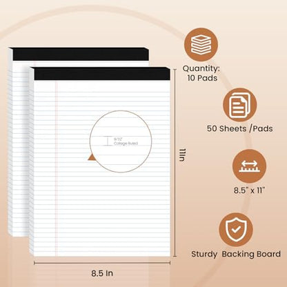 10pcs Legal Pads 8.5 x 11, Perforated White Notepad 8.5x11, 50Sheets/Pad