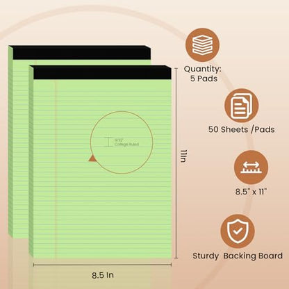 5pcs Legal Pads 8.5 x 11, Perforated Color Notepad 8.5x11, 50Sheets/Pad