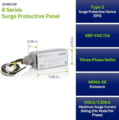 Leviton Type 2 Surge Protective Panel, 480 VAC, Three Phase Delta, 130kA per Phase, B3480-DB