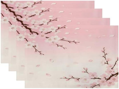 Batmerry Pink Cherry Blossom Linen Placemats Set of 4, Delicate Spring Blossoms Washable Table Mats for Kitchen Table Thickened Heat Insulation Dining Set Indoor Outdoor 12X18 in
