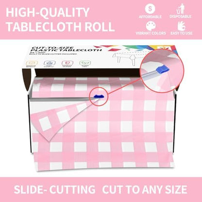 CXPSINC 54 Inch X 300 Feet Plastic Table Cover Roll Disposable Tablecloth with Slide Cutter for All Type/Shape Tables | Party, Banquet, Birthdays, Weddings(Pink Checkered, 300 Feet)