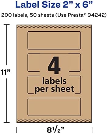 Avery® Kraft Brown Rectangle Labels, Sure Feed® Technology, 2" x 6", 200 Kraft Brown Labels, Print-to-The-Edge, Laser/Inkjet Printable