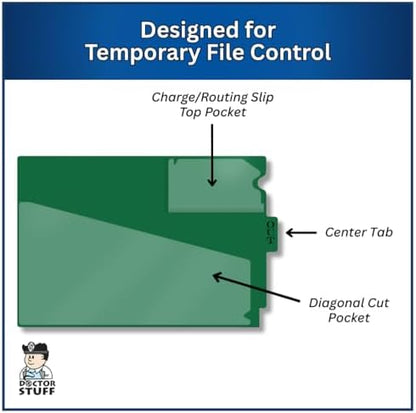 Doctor Stuff - Center Tab Vinyl Outguides, Diagonal Cut Front Pocket, Top Charge Out Slip Pocket, Plastic File Folder, Letter Size 9" x 13-1/4", Green, 25/Box