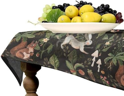 Cartoon Woodland Tablecloth, Watercolor Rustic Forest Wild Animals Bunny Rabbit Squirrel Mushroom Plants Print Table Cloth for Indoor Outdoor Dining Table Party Picnic Decor 60x90in