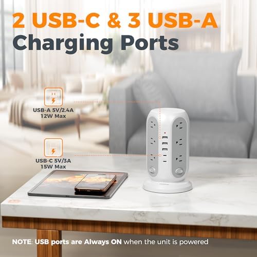 TESSAN Tower Power Strip Surge Protector, Flat Extension Cord 5 Ft, Grey