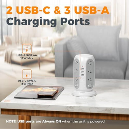 TESSAN Tower Power Strip Surge Protector, Flat Extension Cord 5 Ft, Grey