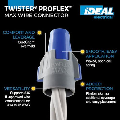 Ideal Electrical Twister Proflex MAX (30-348) Blue/Gray Wire Connector, Box of 25 — Smooth Twist-On Wire Nuts for Wiring 3-Way Switches, GFCI Outlets, and More