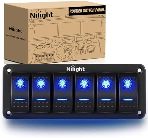 Nilight-90111F 6 Gang Aluminum Rocker Switch Panel Toggle Dash 5 Pin ON/Off Pre-Wired Rocker Switch Blue Backlit Switch for Automotive Car Marine Boat RV,2 Years Warranty