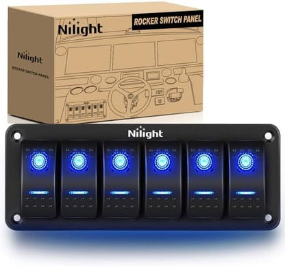 Nilight-90111F 6 Gang Aluminum Rocker Switch Panel Toggle Dash 5 Pin ON/Off Pre-Wired Rocker Switch Blue Backlit Switch for Automotive Car Marine Boat RV,2 Years Warranty