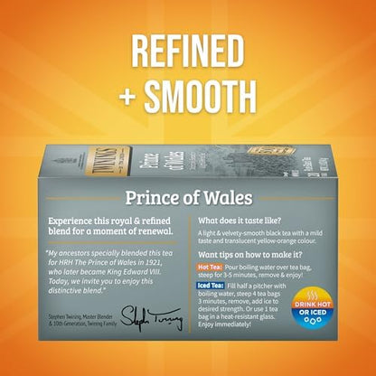 Twinings Prince of Wales Black Tea Individually Wrapped Bags, 20 Count (Pack of 2), Velvety Smooth & Mild, Caffeinated, Enjoy Hot or Iced, 20 Teabags