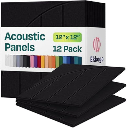 Acoustic Panels 12-Pack Soundproof Wall Panels 12"x12"x0.4" Decorative Sound Dampening for Your Home, Office, Studio, Bedroom & More with Unique ModuArc Carving [Deep Black]