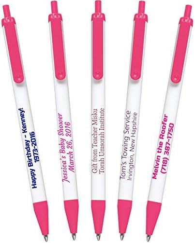 USA Made, Personalized Writing Ink Ballpoint Novelty Pens, Custom Printed with Your Logo & Text (Pack of 250 White Pens with Pink Trim)