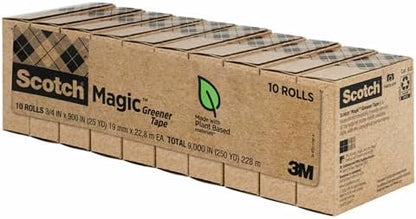 Scotch Magic Greener Tape, 10 Rolls, Numerous Applications, Invisible, Engineered for Repairing, 3/4 x 900 Inches, Boxed (Pack of 12)