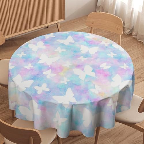 Rainbow Butterfly Tablecloth, Colorful Pink Blue White Butterflies Cartoon Print Table Cover for Farmhouse Kitchen Dining Room Table Decor, 70x70in