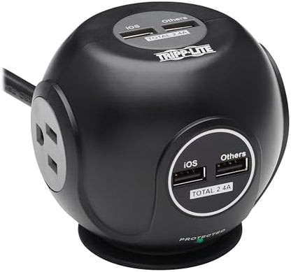 Tripp Lite Surge Protector 3-Outlet Spherical Surge Protector, 4 USB Ports (4.8A Shared) - 6-ft. (1.83 m) Cord, 5-15P Plug, 540 Joules, Black (TLP36USB)