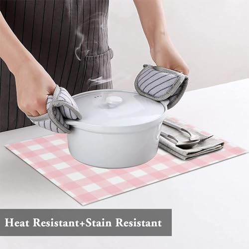 Christmas Placemats Set of 4, Rustic Pink White Buffalo Check Plaid Pattern Heat Resistant Washable Table Place Mats Farmhouse Cotton Table Linens Party Holiday Decor For Kitchen Dining Outdoor Indoor