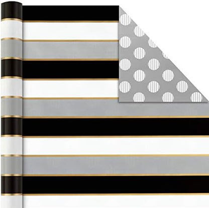 Hallmark Reversible Wrapping Paper Bundle with Ribbon & Gift Tag Stickers - Black, Gold Stripes, Plaid (3 Pack, 120 sq. ft. TTL, 30 Yds. Mini Ribbon, 36 Labels) for Graduations, Weddings, Christmas