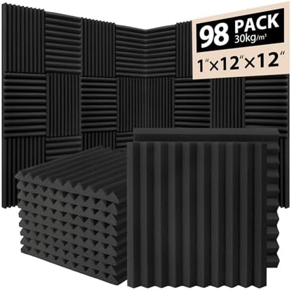 98 Pack Acoustic Foam Panels, 1" x 12"x 12" Sound Proof Foam Panels For Wall Fire Resistant, Noise Cancelling Dampening Sound Absorbing Black Wedge Panels For Studio Recording & Office & Home