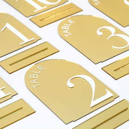 Gold Mirror Arch Wedding Table Numbers 1-15 with Stands