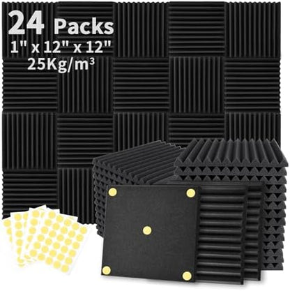 Focusound 24 Pack Acoustic Foam Panels 1" x 12" x 12" Sound Proof Foam Panles Soundproofing Noise Cancelling Wedge Panels for Home Office Recoding Studio with 240PCS Double-Side Adhesive