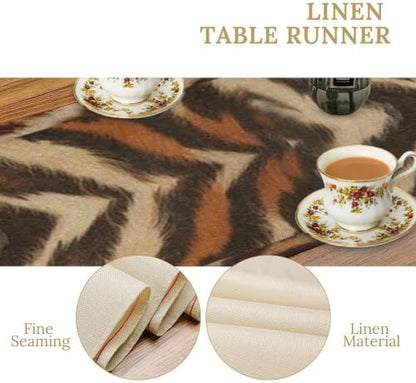 Tiger Animal Skin Print Table Runner, Rustic Cottage Country Farm Animal Fur Skin Pattern Western Style Black Brown Print Dinner Runner for Home Kitchen Dining Table Decoration 13"x60"
