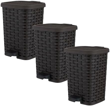 Superio Mini Trash Can with Foot Pedal Small Outdoor Garbage Can with Lid, 1.5 Gallon Plastic Waste Basket for Bathroom, Bedroom, Kitchen, Office, Patio (Wicker Brown 6 QT.), 3 Pack
