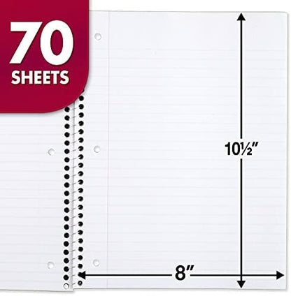 Mead Spiral Notebook, 12 Pack, 1 Subject, Wide Ruled Paper, 7-1/2" x 10-1/2", 70 Sheets per Notebook, Colors Will Vary (930202-ECM25)