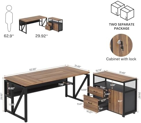 Tribesigns 63" Executive Desk with Reversible File Cabinet, Large L-Shaped Office Desk with Drawers, Business Furniture Workstation for Home Office